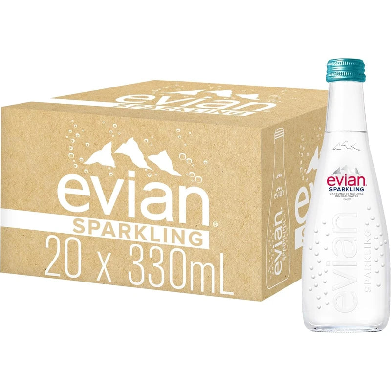 evian Sparkling Carbonated Natural Mineral Water 330ml Glass Bottle, Case of 20 Bottles