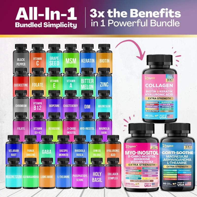 She Shines Set - Zoyava Ultimate Women's All-in-One Supplement with Corti-Soothe, Myo-Inositol, Collagen & Extra Strength Ingredients - Made in USA