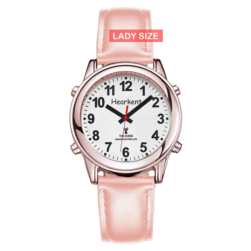Hearkent Atomic Talking Watch for Women with Large Numbers and Expandable Strap self-Setting for Visually impaired Blind (Rose Gold with Pink, Lady Size)