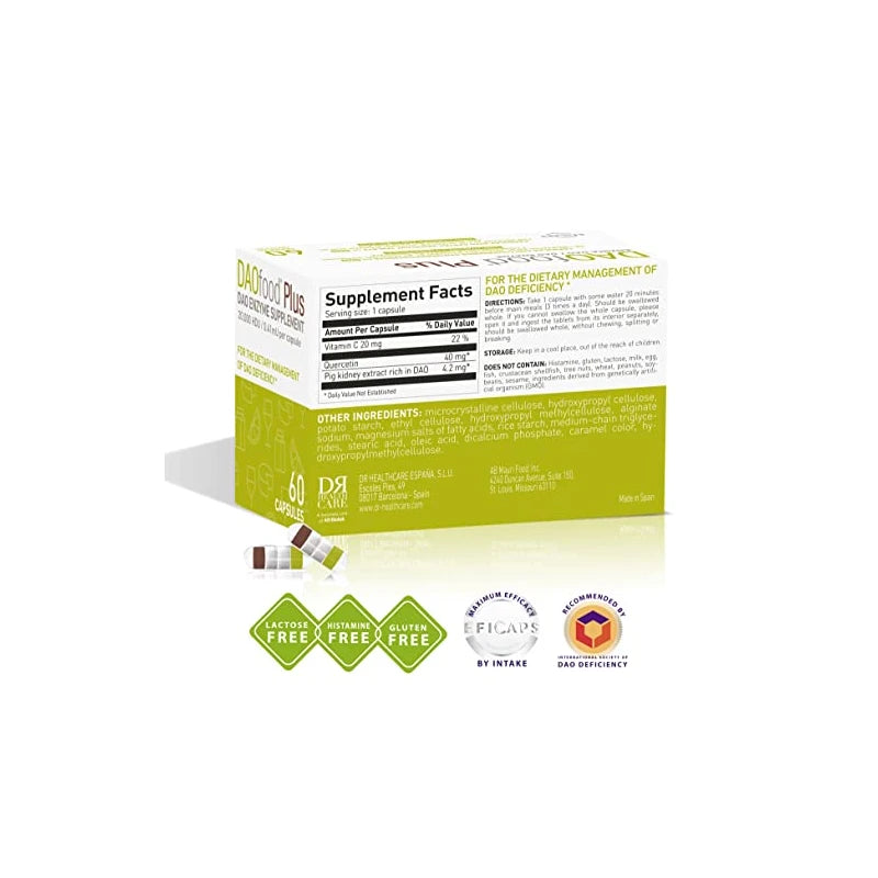 DR Healthcare DAOfood Plus - Dietary Management of DAO Deficiency/Histamine Intolerance - 60 EFICAPS Capsules with Gastro-Resistant Tablets - DAO Enzyme, Quercetin and Vitamin C