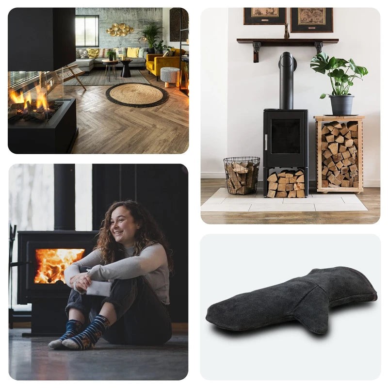 Achilles Fireplace Gloves, Oven Gloves, Grill Gloves, Fireproof Made of Leather with Thermal Insulation, Black