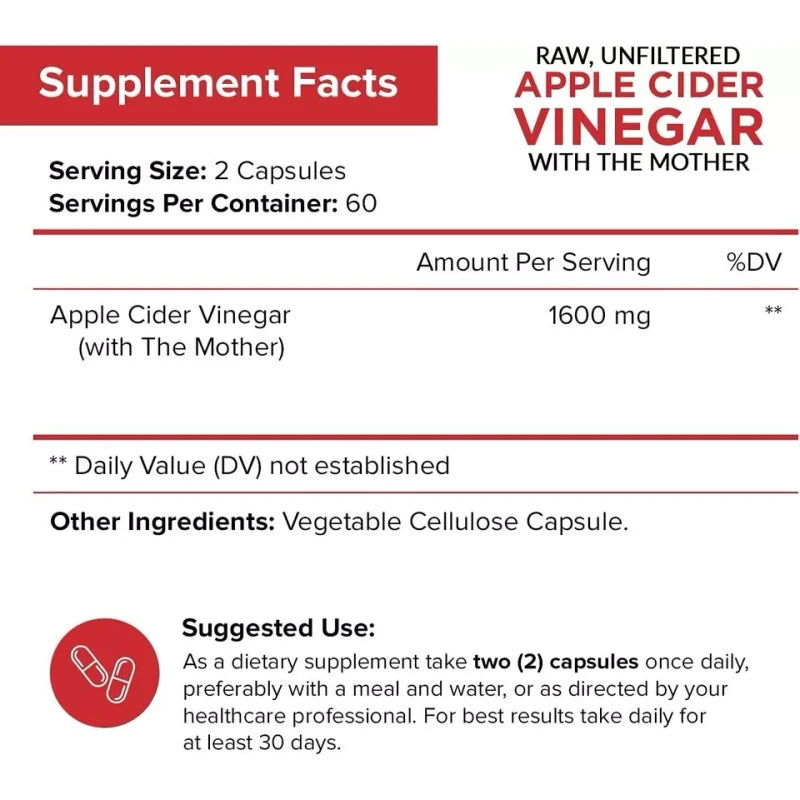 Apple Cider Vinegar Capsules - 1600mg with The Mother 120 Vegan Keto Pills | Apple Cider Vinegar
