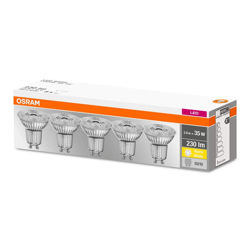 Osram LED Base PAR16, Socket: GU10, Non-Dimmable, Warm White, Replaces a Standard 35 Watt Lamp, 36 Degree Beam Angle, Pack of 5