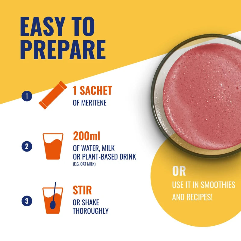 Meritene Energis Strawberry Shake | 30g Shake Powder Sachets, Pack of 15 | Nutritional Shake Mix with Proteins and Vitamins