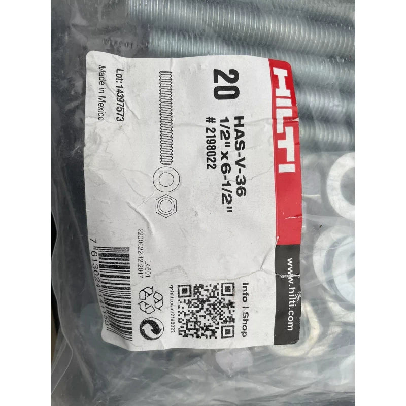 Hilti Epoxy Anchor Rods Package of 20 HAS-V-36 1/2" x 6-1/2" #2198022 Concrete