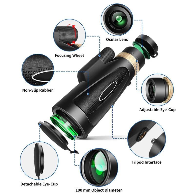 80x100 High Power Monocular Telescope with Smartphone Adapter Tripod, Larger Vision Monoculars for Adults with BAK4 Prism, Suitable for Bird Watching Hunting Hiking Camping Wildlife