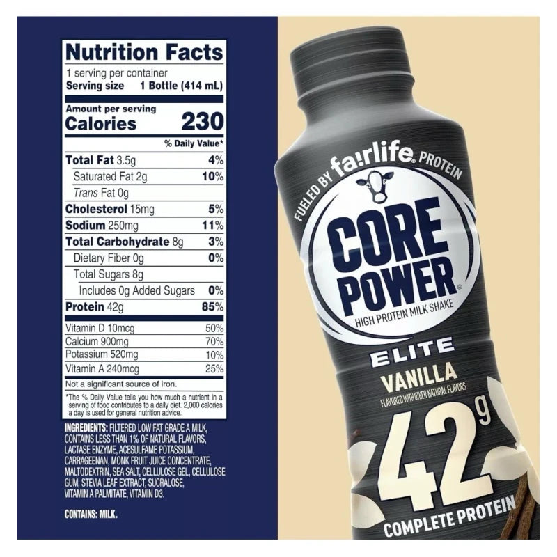 Premier Core Power Elite High Protein Shake, Vanilla, 42g Bottle, 14oz, 12 Pack