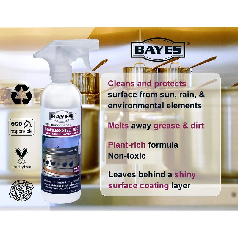 Bayes High-Performance Stainless Steel BBQ Cleaner, Polish, and Protectant - Cleans, Shines and Protects Exterior Stainless Steel Barbecue Surfaces, Shields from Outdoor Elements - 16 oz