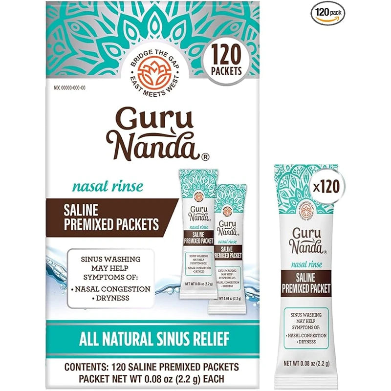 GuruNanda PreMixed Saline Packets for Nasal Rinse (120 Count), All Natural Sinus Rinse Packets to Help with Allergies & Congestion Relief, 0.08oz Each