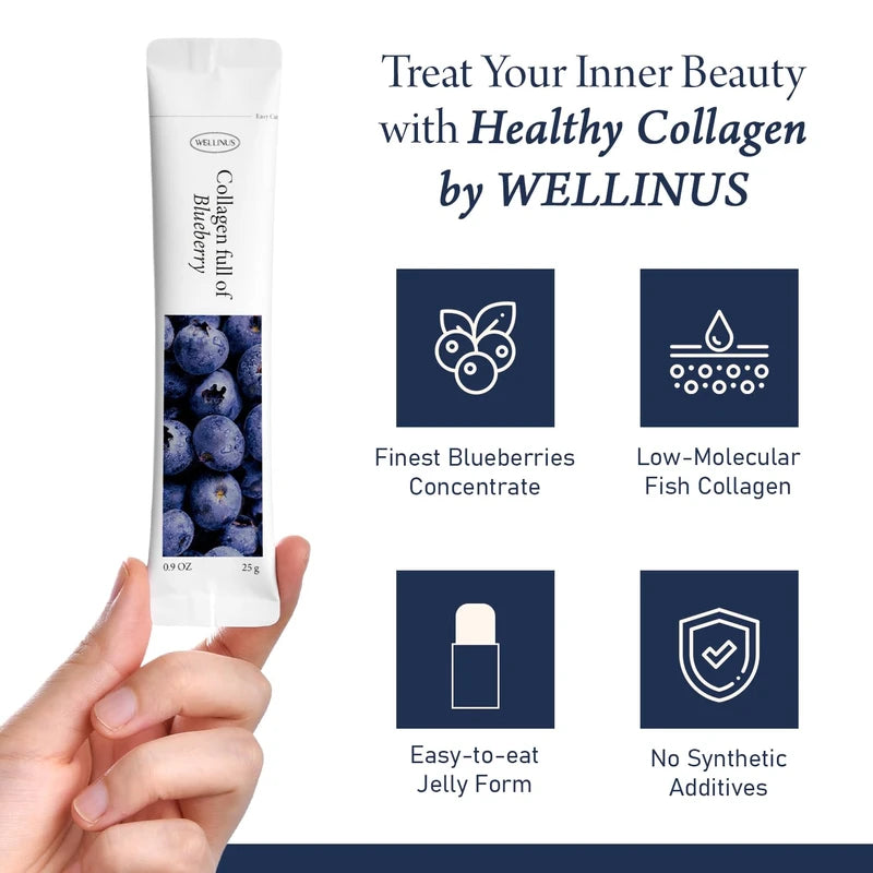 WELLINUS Blueberry Full of Collagen, Jelly Stick, Marine Collagen, Fast Absorbing, Snack, Ultra-Low Weight Molecular Marine Collagen, HACCP Certified, 22.05 oz/Pack of 25
