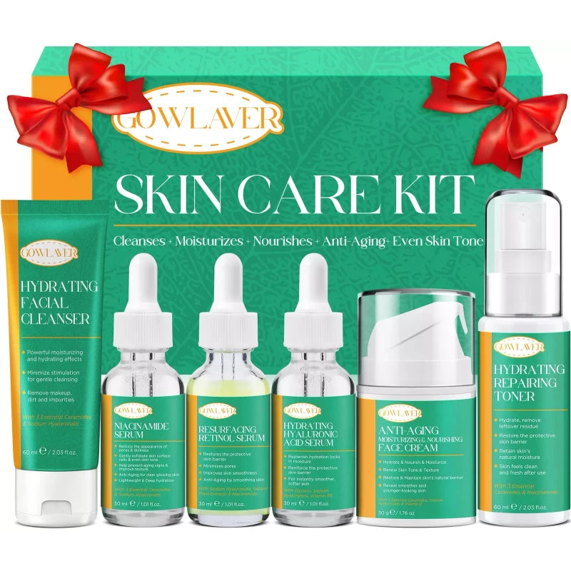 GOWLAVER Complete Skin Care Routine Kit Cleanser Toner Serums Face Cream Anti Aging