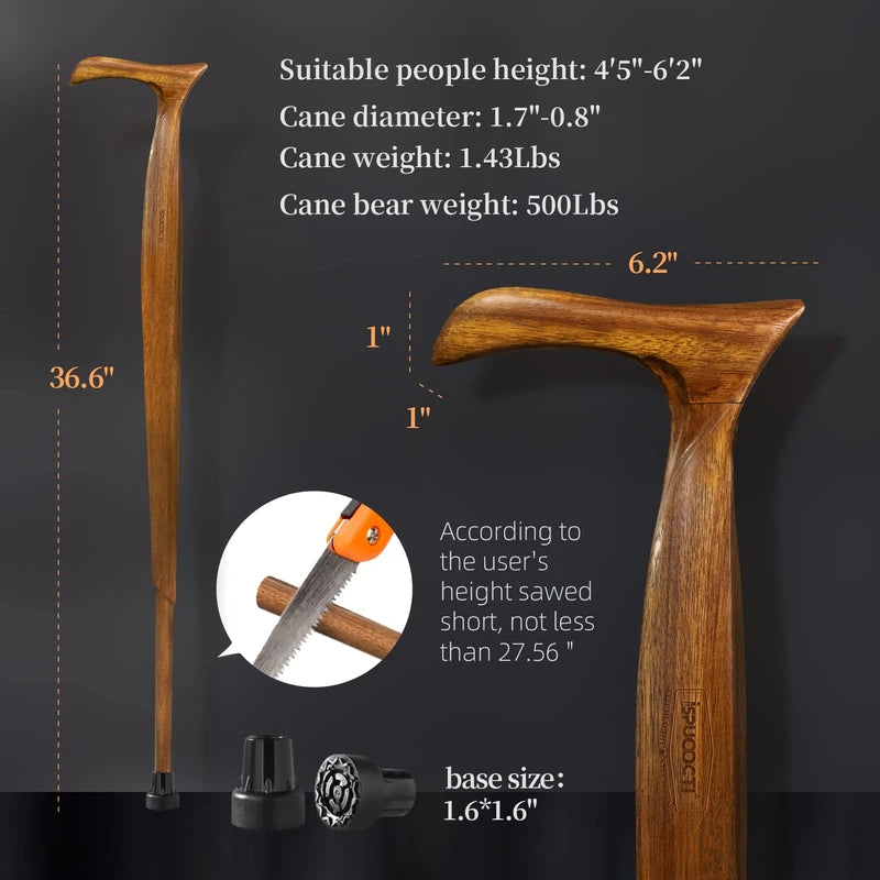 ispuoocti Wooden Walking Cane for Men and Women -Natural Solid Wood, 3 Rubber Tips, Heavy Duty, with Travel Bag- Wooden Walking Stick, Ergonomic Canes for Seniors Unisex Walking Canes