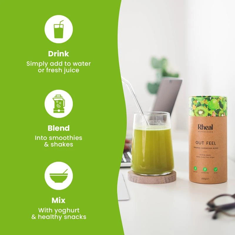 Rheal Gut Feel: Natural Prebiotic Digestion & Bloating - Daily Greens Organic Superfood Powder (30 Servings)