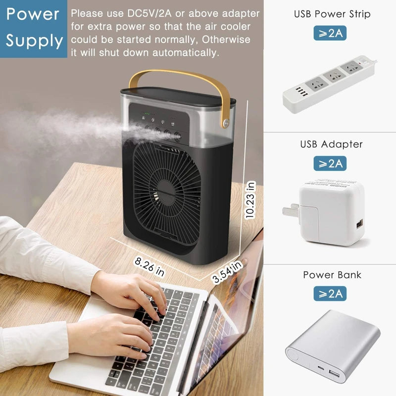 Mini Frost Fan, Portable Air Conditioner AC Cooler Humidifier, Personal Air Cooler With1/2/3 H Timing, 7 Colors LED Light, 3 Wind Speeds and 3 Spray Modes, for Office Home Dorm Travel (White)