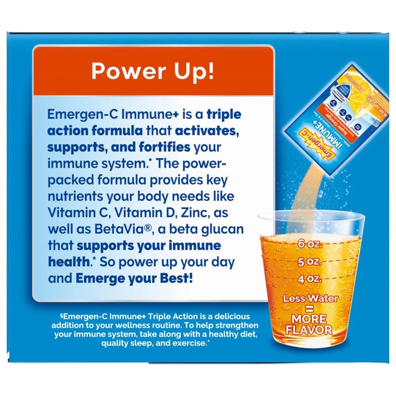 Emergen-C Immune+ Triple Action Immune Support Powder, BetaVia (R), 1000mg Vitamin C, B Vitamins, Vitamin D and Antioxidants, Super Orange – 50 Count