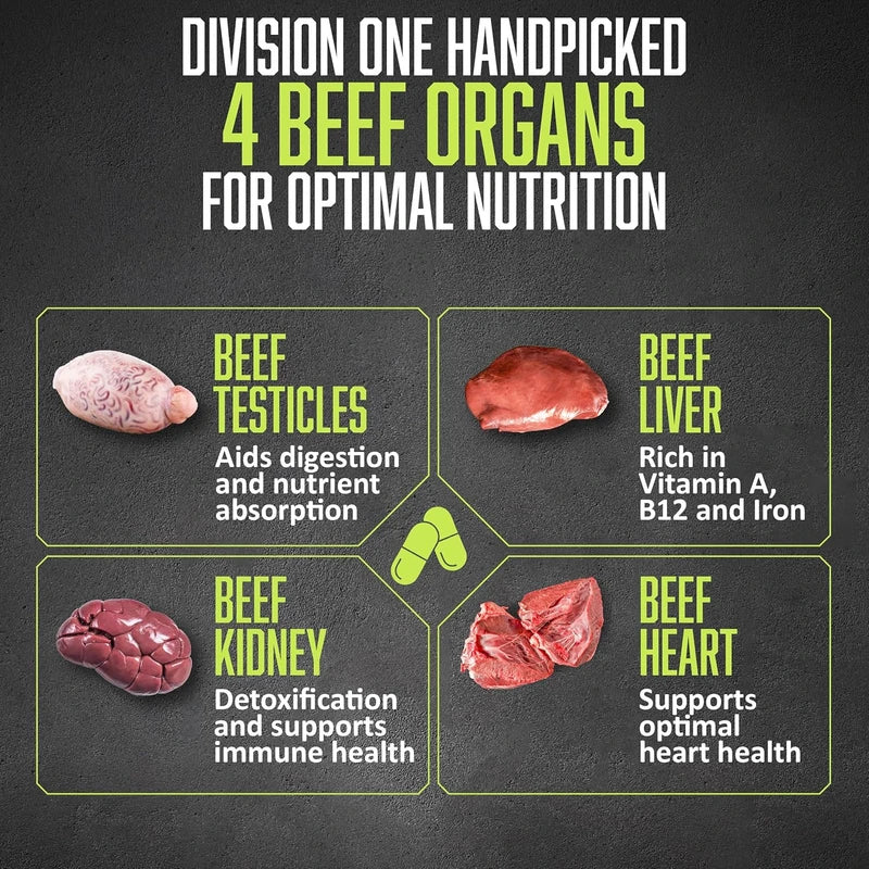 Division One Beef Organ Supplement - Primal Blend Featuring Liver, Heart, Kidney & Beef Liver – Grass-Fed, Non-GMO Organ Meat Supplement for Humans – 120 Capsules