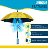 MISTERBREEZE Gray Umbrella with Fan and Mister. A portable misting fan that blocks 99.9% of all UVA and UVB rays. Personal outdoor sun protection at festivals, beach, golf or other sports activities.