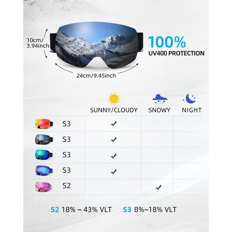 JetBlaze Ski Goggles Unisex OTG Ski Goggles with interchangeable lens and strap for spectacle wearers Snow Goggles Anti Fog Ski Snowboard Goggles Compatible Helmet Spherical Mirrored Silver Lens