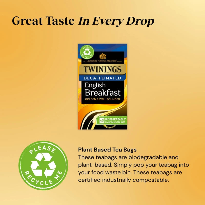 Twinings English Breakfast Decaf Tea | Golden, Well Rounded & Full Bodied Decaffeinated Black Tea | 40 Biodegradable Tea Bags