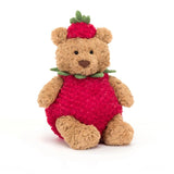 Bartholomew Bear Strawberry - Plush Bear with Removable Strawberry Costume, Green Suedette Collar & Perky Hat - Perfect Summer Companion for Snuggles and Fun!