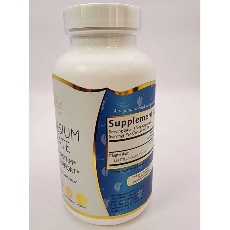 Coco March Magnesium Citrate - Relaxation- Sleep - Nervous & Digestive System Support, Gluten Free, Soy Free, Dairy Free, Keto Friendly, Vegan, 800 mg per Serving, 120 Capsules - 30 Servings