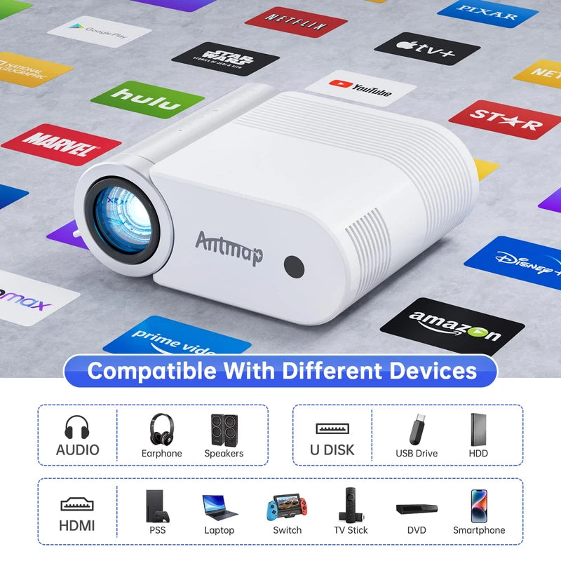 Projector with WiFi and Bluetooth, antmap Mini Projector for Phone Native 1080P Bluetooth Projector Wireless WiFi Projector Compatible with Phone/Tablet/Laptop/TV Stick/Game Console