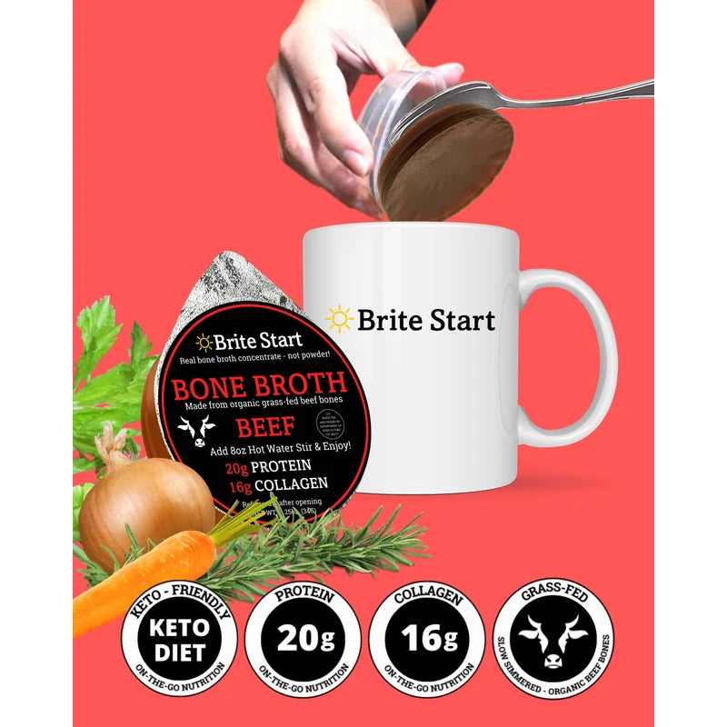 Brite Start Bone Broth - Beef Bone Broth - 12 Count - Keto Friendly Concentrate Packed with 16g Collagen, 20g Paleo Protein -Made from Organic Grass Fed Beef Bones- Single Serve Packets