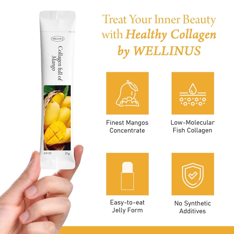WELLINUS Collagen Full of Mango, Jelly Stick, Marine Collagen, Fast Absorbing, Snack, Ultra-Low Weight Molecular Marine Collagen, HACCP Certified, 22.05 oz/Pack of 25