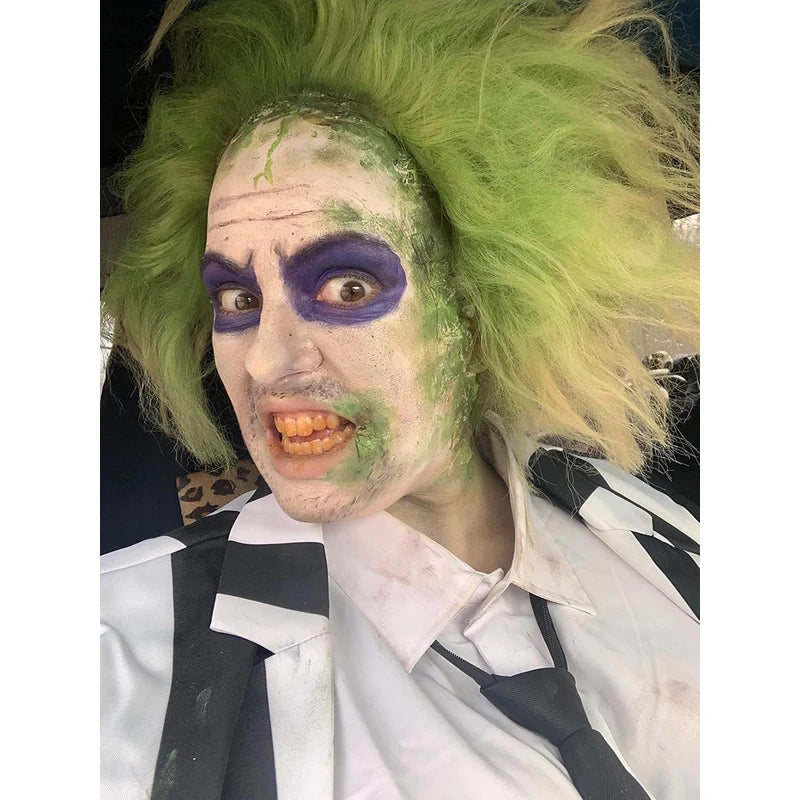 PORSMEER Mens Beetlejuice Wig - Premium Betelgeuse Green Ombre Hair short Wig with Bald Cap - Compatible with Beetlejuice Cosplay Wig | idea for Halloween Beetlejuice Costume