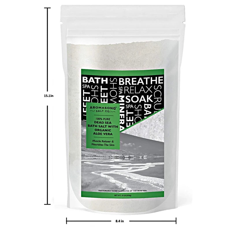 Dead Sea Salt with Organic Aloe Vera, Spa Bath Salts, 19 Lbs Fine Grain Large Bulk resealable Pack, 100% Pure & Natural, Used for Body wash Scrub, Soak for Women & Men for Tired Muscles & Skin Issues