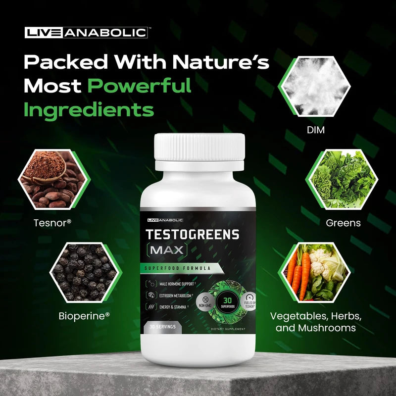 Live Anabolic TestoGreens MAX 30-Day Supply - Men’s Daily Supplement with Tesnor, DIM & Bioperine for Natural Hormone Balance, Enhanced Energy & Stamina, Includes Powerful Plant Extracts