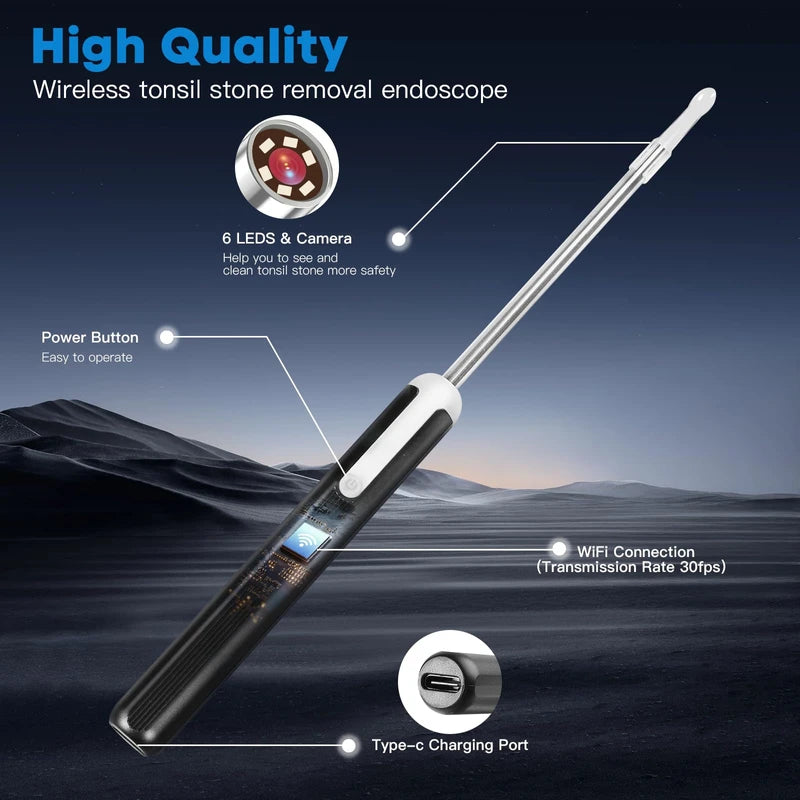 Tonsil Stone Remover Kit with Camera, Visual Tonsil Stone Removal Tool with LED Light, Rechargeable Tonsillolith Removal Tool with 4 Head - Fight Bad Breath - Attachments for iOS & Android(Black)