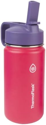 ThermoFlask Kids Bottle with Straw Lid - Durable & Dishwasher-Safe Water Bottles & Lids - Leak-Proof Bottle Lid Design - Reusable Water Bottles for Everyday Use - 14 oz, Punch/Eggplant (2 Pack)