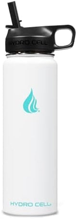 HYDRO CELL Stainless Steel Insulated Water Bottle with Straw - For Cold & Hot Drinks - Metal Vacuum Flask with Screw Cap and Modern Leakproof Sport Thermos for Adults (White 24oz)