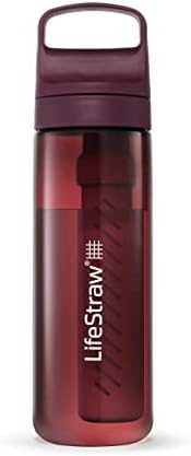 LifeStraw Go Series – BPA-Free Water Filter Bottle for Travel and Everyday use removes Bacteria, parasites and microplastics, Improves Taste, 22oz Merlot Me Away