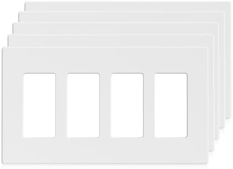 ELEGRP 4-Gang Screwless Decorative Wall Plates, Mid-Size Unbreakable Thermoplastic Faceplate Cover for Decorator Receptacle Outlet Switch, UL Listed (5 Pack, Matte White)