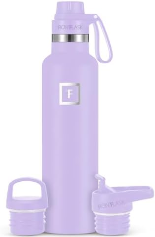 IRON °FLASK Camping & Hiking Hydration Canteens - 3 Lids (Narrow Spout Lid) Leak Proof Vacuum Insulated Stainless Steel - Hot & Cold Double Walled Sports Water Bottle - Lavender, 24 Oz