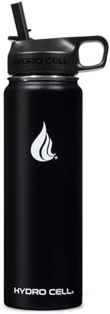 HYDRO CELL Stainless Steel Insulated Water Bottle with Straw - For Cold & Hot Drinks - Metal Vacuum Flask with Screw Cap and Modern Leakproof Sport Thermos for Adults (Black 24oz)