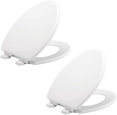 Mayfair Linden Slow Close Toilet Seat, Non Slip Heavy Duty Wood, Easy Install, Made in USA, Elongated, White, 2 Pack
