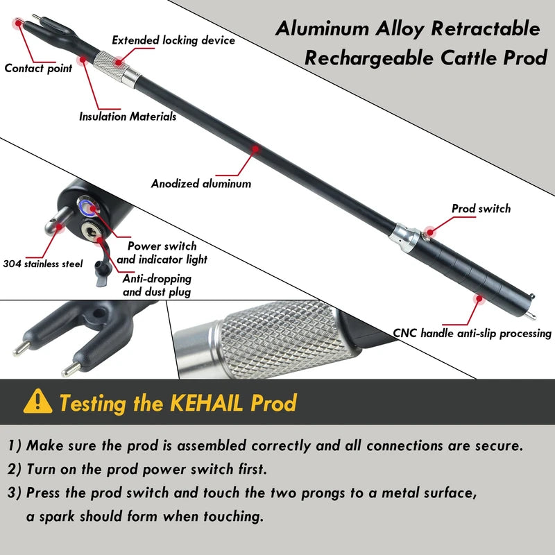 Kehail Retractable Aluminum Cattle Prod, 43.6" Waterproof Cattle Prod Stick, Rechargeable Electric Livestock Prod (1 Pack)