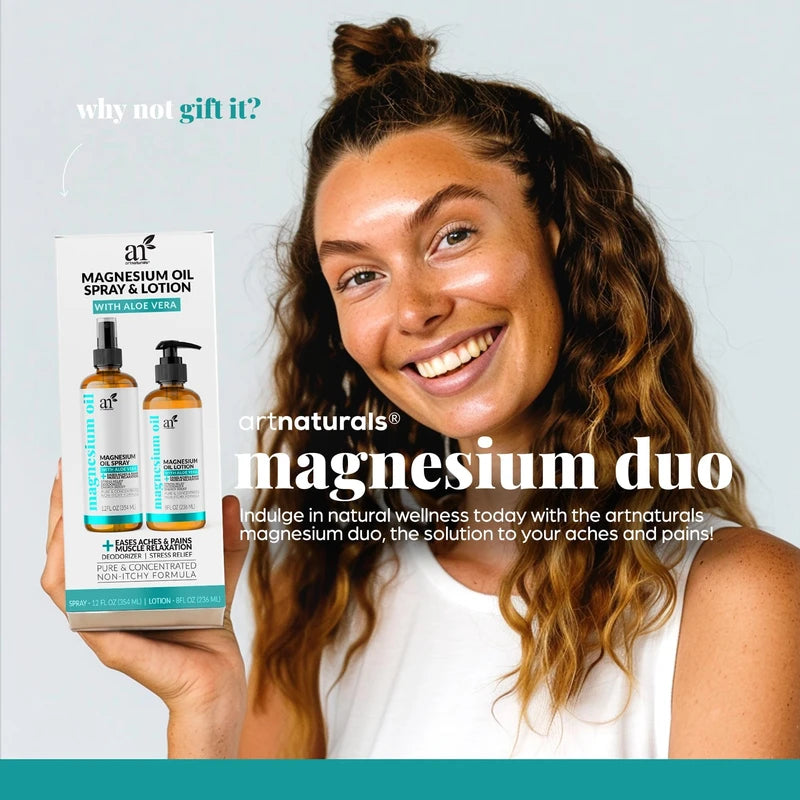 Artnaturals ArtNaturals Magnesium Oil Spray 12 oz + Body Lotion Set 8oz - Extra Strength Ultra-Pure Soothing Relief & Relaxation for Better Sleep, Muscle Health Leg & Joint Care W/a Less Itch, Non-Greasy Formula