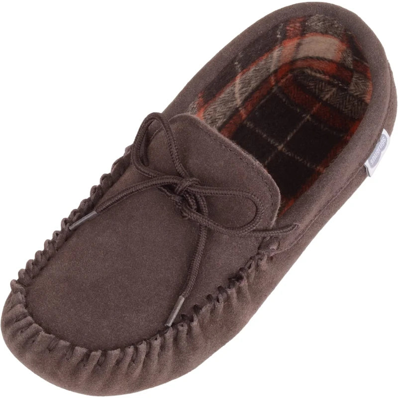 SNUGRUGS Rupert Mens Suede Moccasin Slippers with Cotton Inner and Suede Sole (UK 9, Dark Brown, numeric_9)