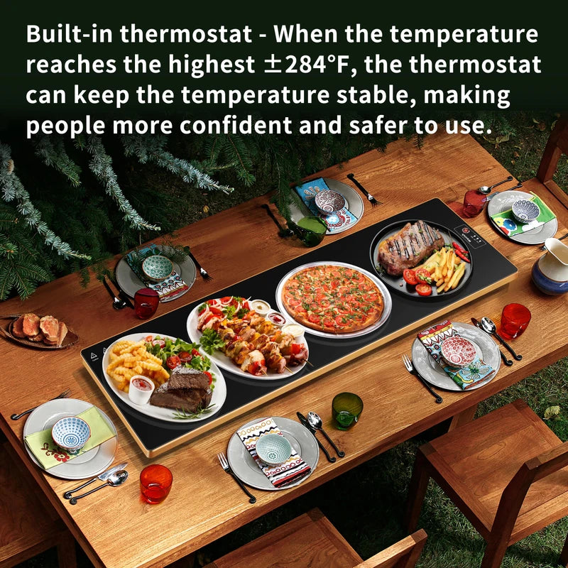 Electric Warming Tray（Extra Long 40”x12”），Food Warmer with Thermostat and Full Surface Heating，Food Warming Mat with 2 Temperature Modes for Parties Buffet，Gatherings，Gold Edge Warming Mat for Food
