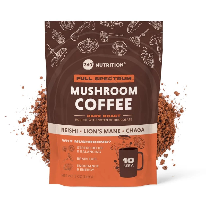 360 Nutrition Instant Mushroom Coffee with Reishi, Lion’s Mane, Chaga Superfood Mushrooms for Natural Energy, Focus and Immunity | Dark Roast, No Added Sugar 5 oz (Full Spectrum)