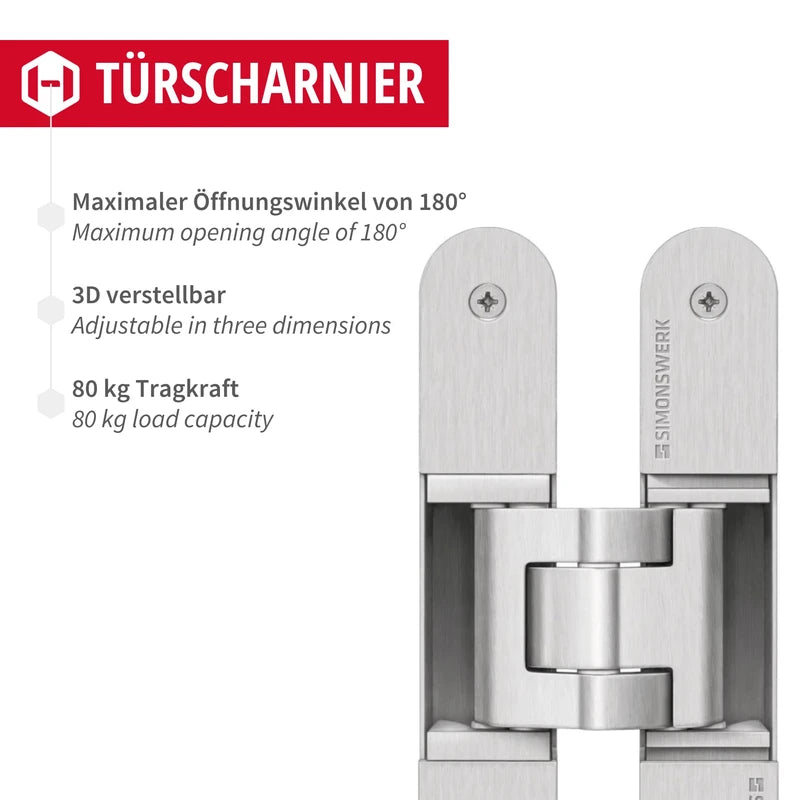 Object Door Hinge Concealed for Room Doors Door Hinge Simonswerk Tectus TE 340 Silver Anodised Load Capacity up to 80 kg Band 3D Adjustable Made in Germany 1 Piece Invisible Door Hinge