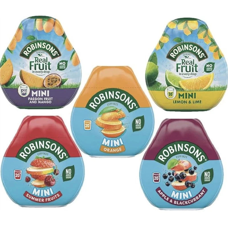 Robinsons Squash’d Mini Variety Pack - 5 Flavour Pack – 1xSummer Fruit, 1xMango & Passion Fruit, 1xOrange, 1xApple & Blackcurrant, And 1xLemon & Lime – No Added Sugar - Bundled by Black Nore Gifts