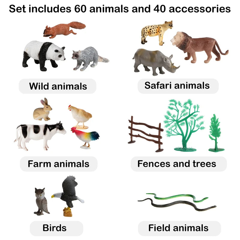 Migration 100 Piece Set of Animal Plastic Figures Playset, Includes Wild, Safari, Zoo, Jungle, Farm, Forest, Desert, Ocean Animals, Birds, Action Toy Figures Accessories and Container