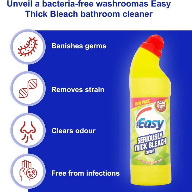 Easy Seriously Thick Bleach Citrus -750ml, (Case of 12)  Extended Germ remover - Long Lasting Protection - Bathroom Toilet Surface Cleaner - Prevent Limescale Household Cleaning