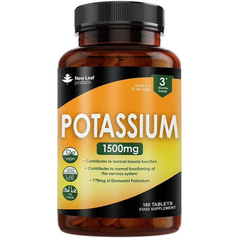 Potassium Supplements High Strength - 180 Vegan Potassium Tablets Mineral Electrolytes Supplement Contributes to Normal Muscle Function, Nervous System - Gluten-Free, Non-GMO, Made in UK by New Leaf