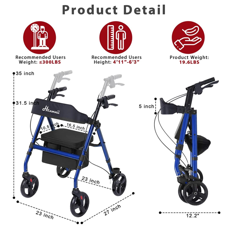 Walker for Seniors, Lightweight Rollator Walker with seat, Foldable Rolling Walker with 8 inch All Terrain Rubber Wheels, Ergonomic Adjustable Handles and Backrest for Seniors and Adult.